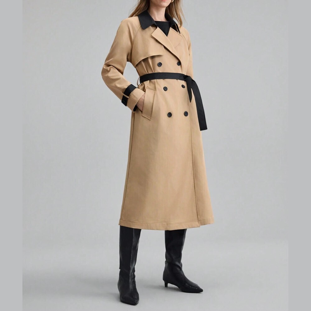 Tan Trench Coat With Black Contrast Collar & Belt